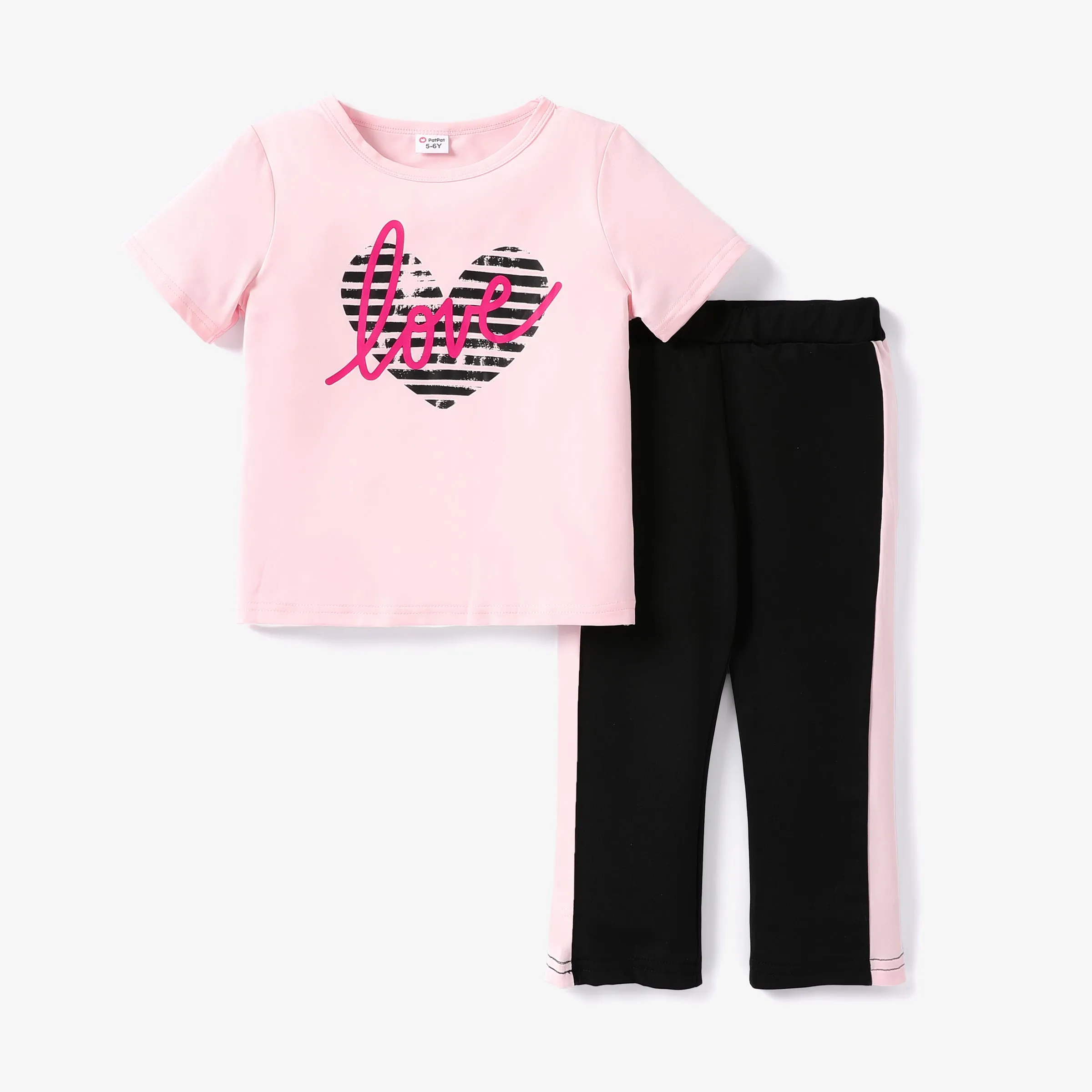 2-piece Kid Girl Letter Heart Print Pink Tee and Colorblock Capri Pants Set