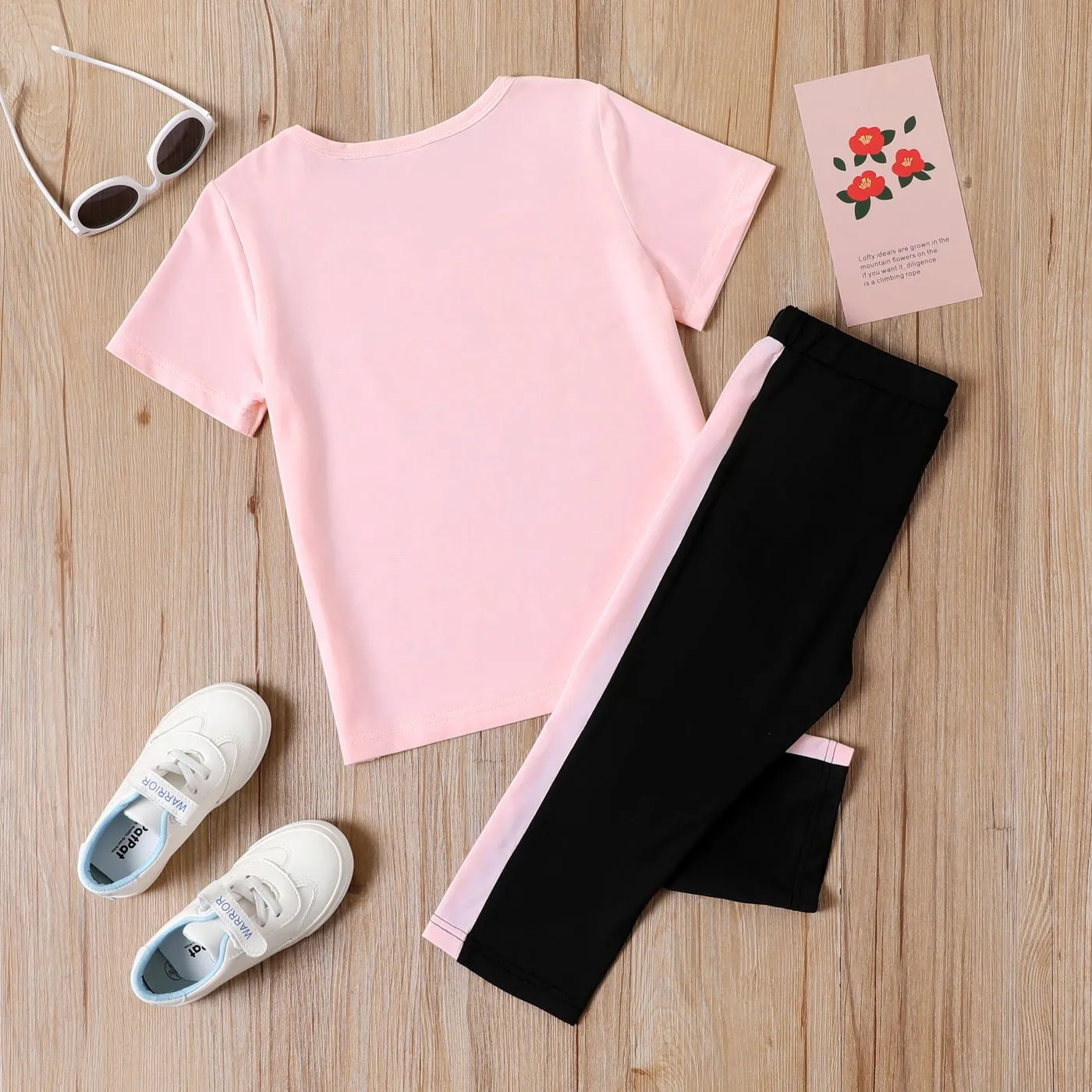 2-piece Kid Girl Letter Heart Print Pink Tee and Colorblock Capri Pants Set