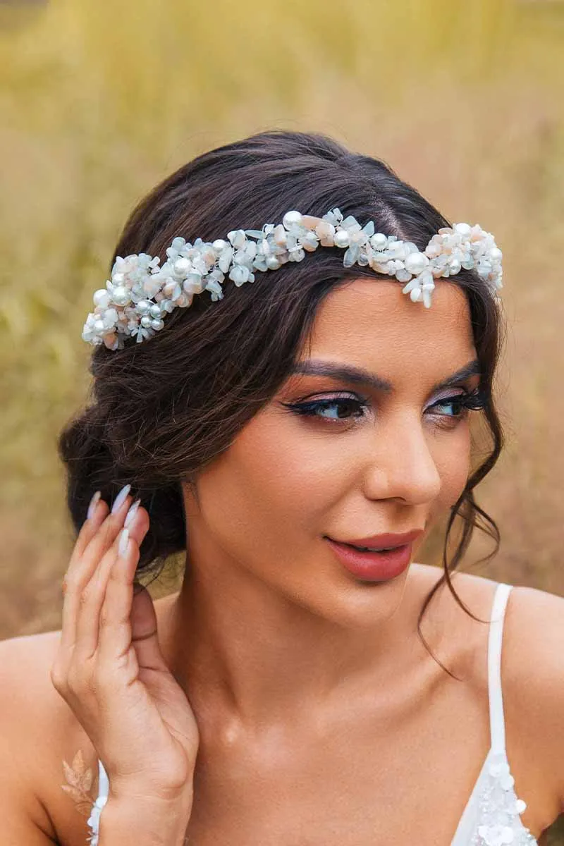 2025 Boho Turquoise Raw Stone Tiara Wide Bridal Headbands Crystal Crown Wedding Accessories