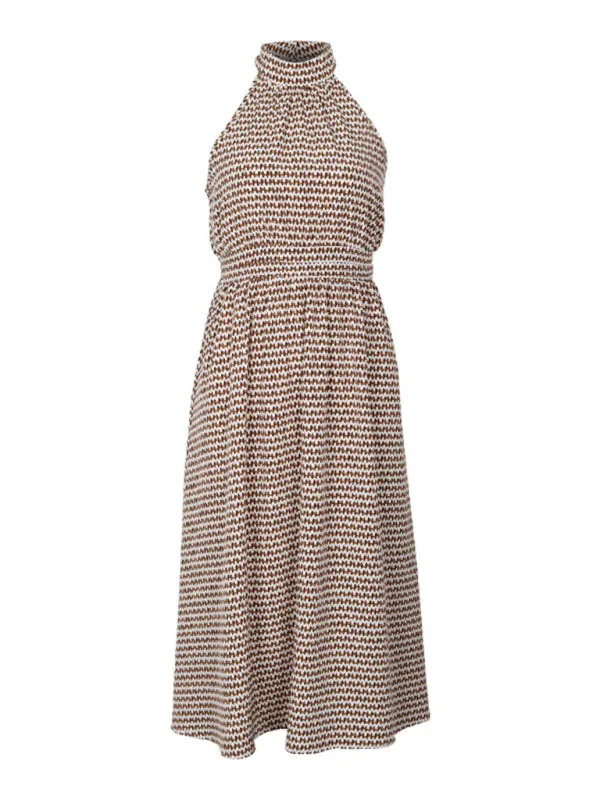 A-Line Sleeveless Brown Print Midi Dress with Smocked Waist