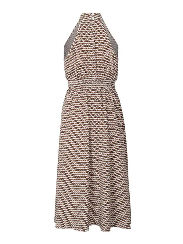 A-Line Sleeveless Brown Print Midi Dress with Smocked Waist