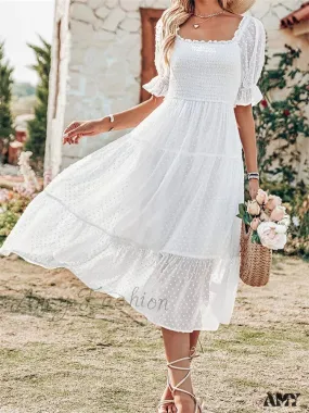Amy Fashion - Elegant Women Chiffon Summer  Mesh Short Puff Sleeve Square Neck Dot Pattern Stretch Ruched Beachwear