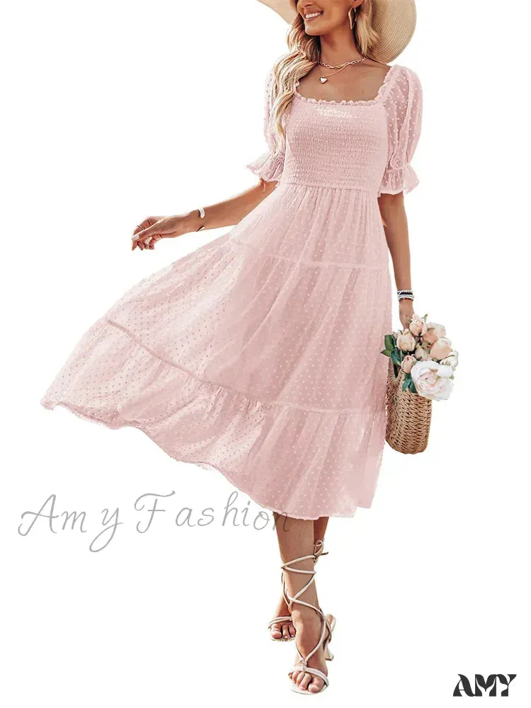 Amy Fashion - Elegant Women Chiffon Summer  Mesh Short Puff Sleeve Square Neck Dot Pattern Stretch Ruched Beachwear
