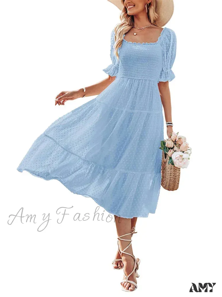 Amy Fashion - Elegant Women Chiffon Summer  Mesh Short Puff Sleeve Square Neck Dot Pattern Stretch Ruched Beachwear