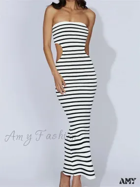 Amy Fashion - Women Tube Strapless Off Shoulder Cutout Solid Color/Striped Print Knitted  Summer Beach Vestido