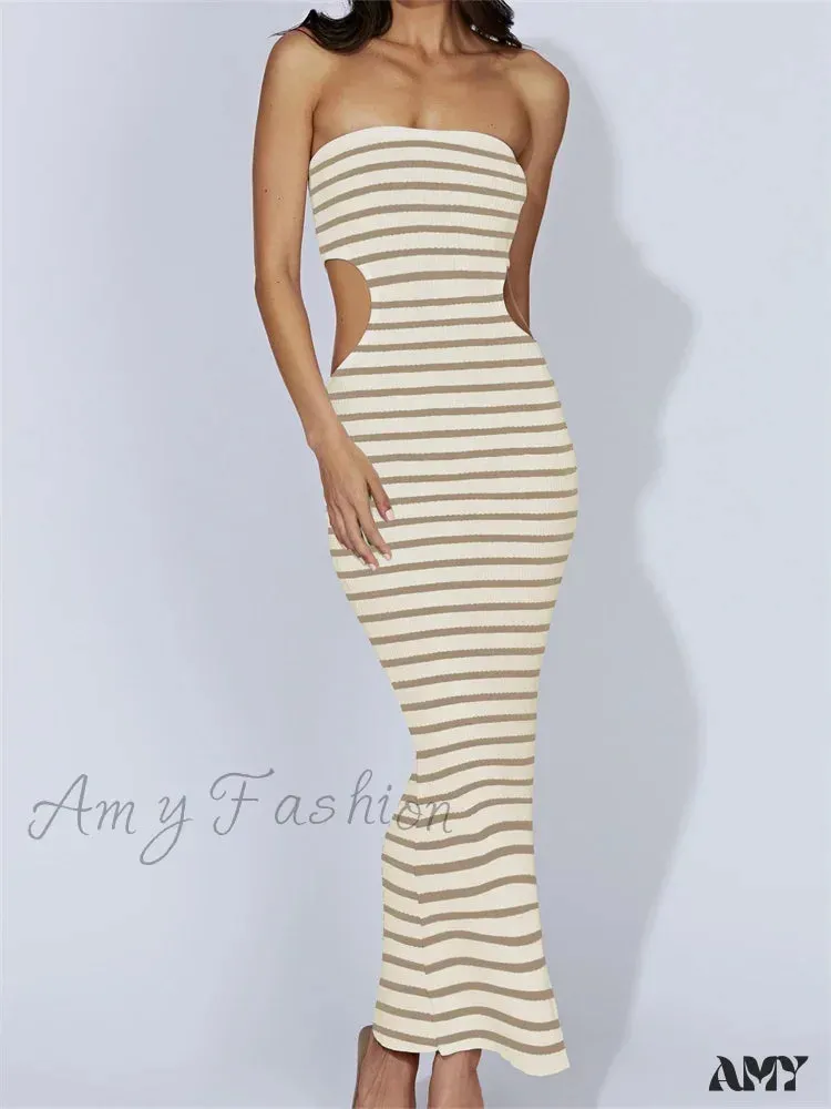 Amy Fashion - Women Tube Strapless Off Shoulder Cutout Solid Color/Striped Print Knitted  Summer Beach Vestido