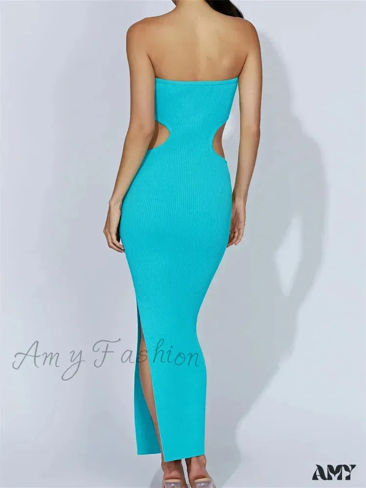 Amy Fashion - Women Tube Strapless Off Shoulder Cutout Solid Color/Striped Print Knitted  Summer Beach Vestido