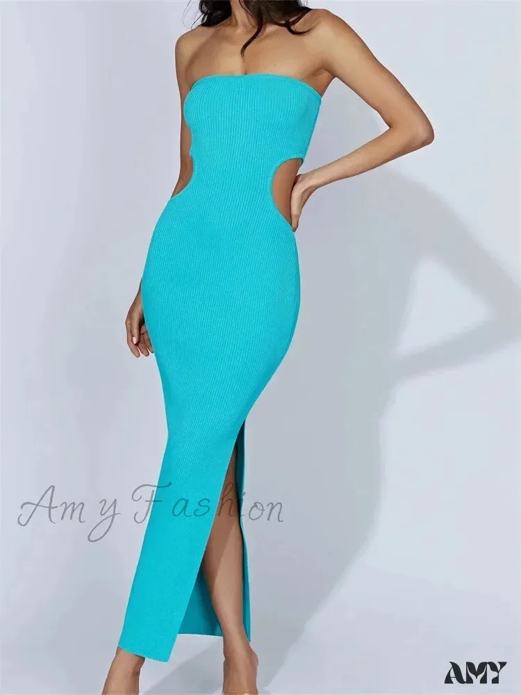 Amy Fashion - Women Tube Strapless Off Shoulder Cutout Solid Color/Striped Print Knitted  Summer Beach Vestido