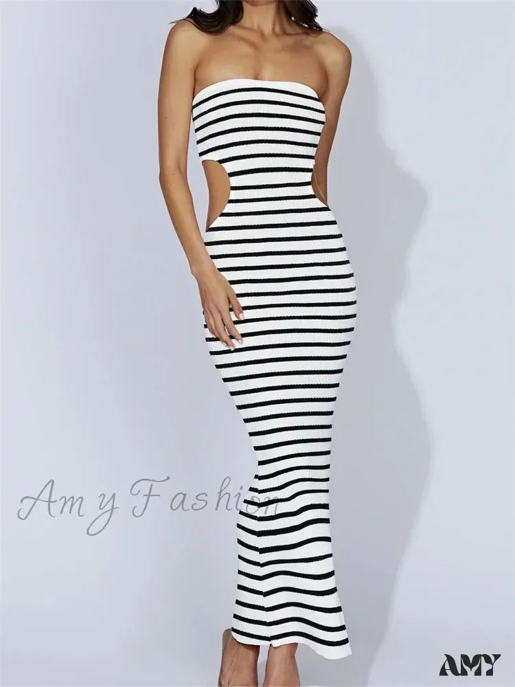 Amy Fashion - Women Tube Strapless Off Shoulder Cutout Solid Color/Striped Print Knitted  Summer Beach Vestido