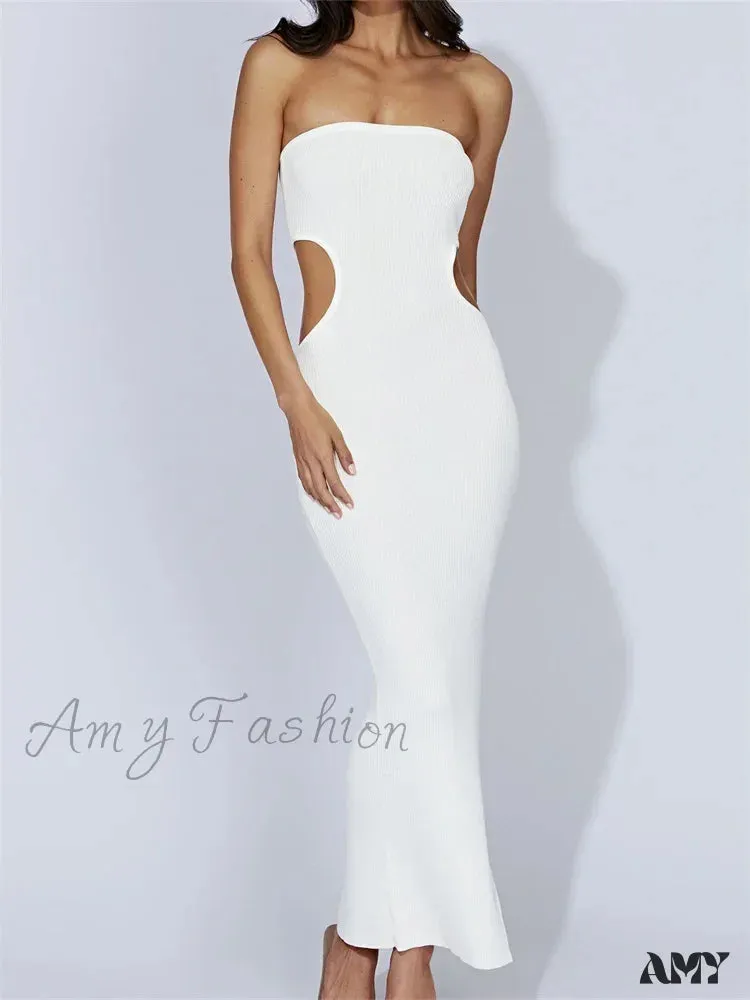 Amy Fashion - Women Tube Strapless Off Shoulder Cutout Solid Color/Striped Print Knitted  Summer Beach Vestido