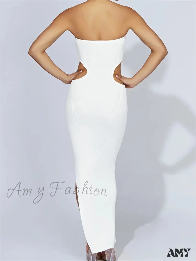 Amy Fashion - Women Tube Strapless Off Shoulder Cutout Solid Color/Striped Print Knitted  Summer Beach Vestido