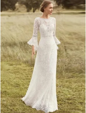 Beach Boho Wedding Dresses A-Line Scoop Neck Long Sleeve Sweep / Brush Train Lace Bridal Gowns With Lace Solid Color