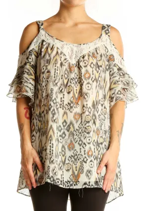 Beige Ikat Print Cold Shoulder Blouse