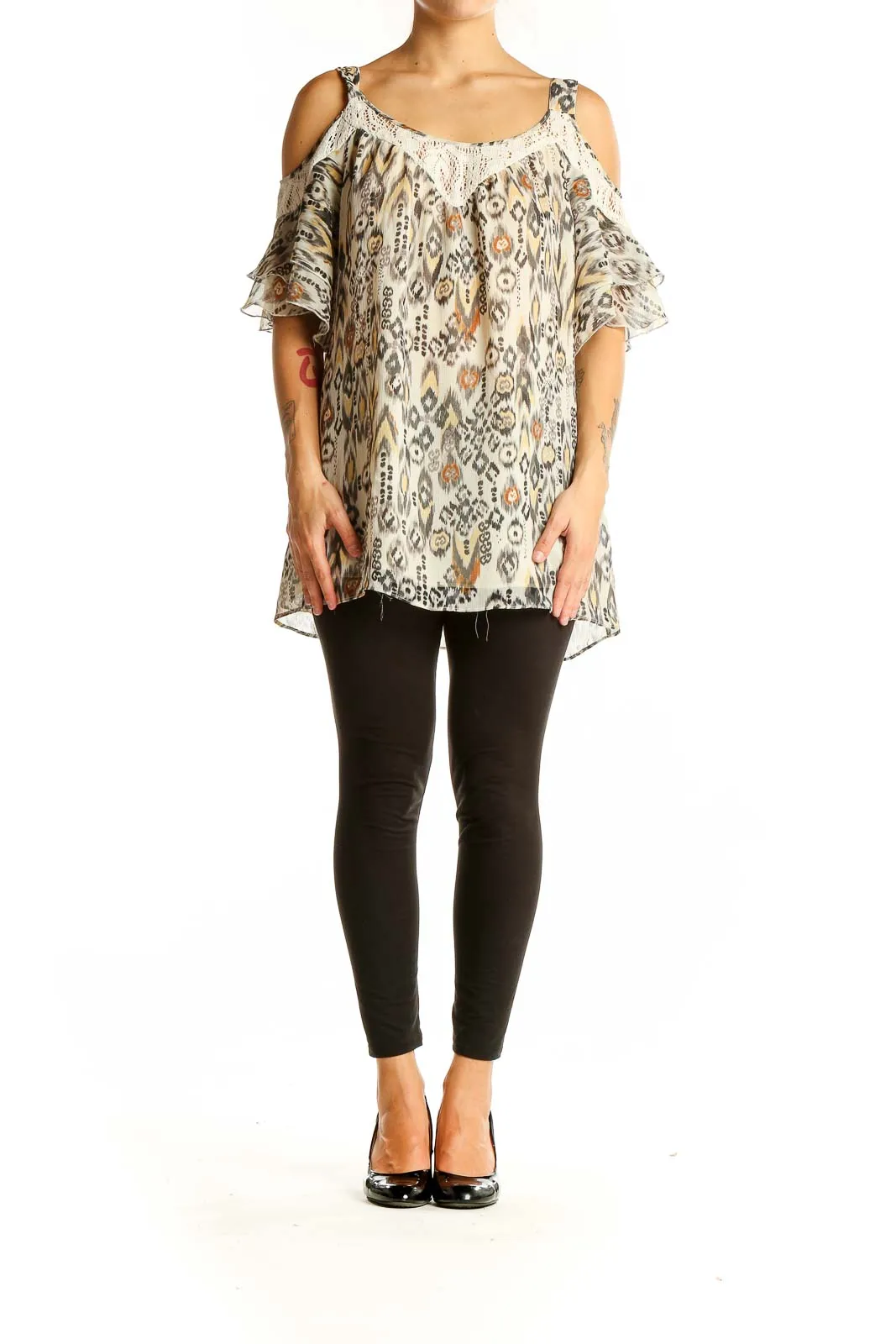 Beige Ikat Print Cold Shoulder Blouse