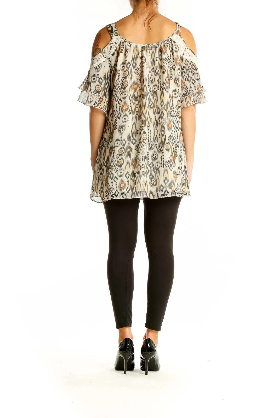 Beige Ikat Print Cold Shoulder Blouse