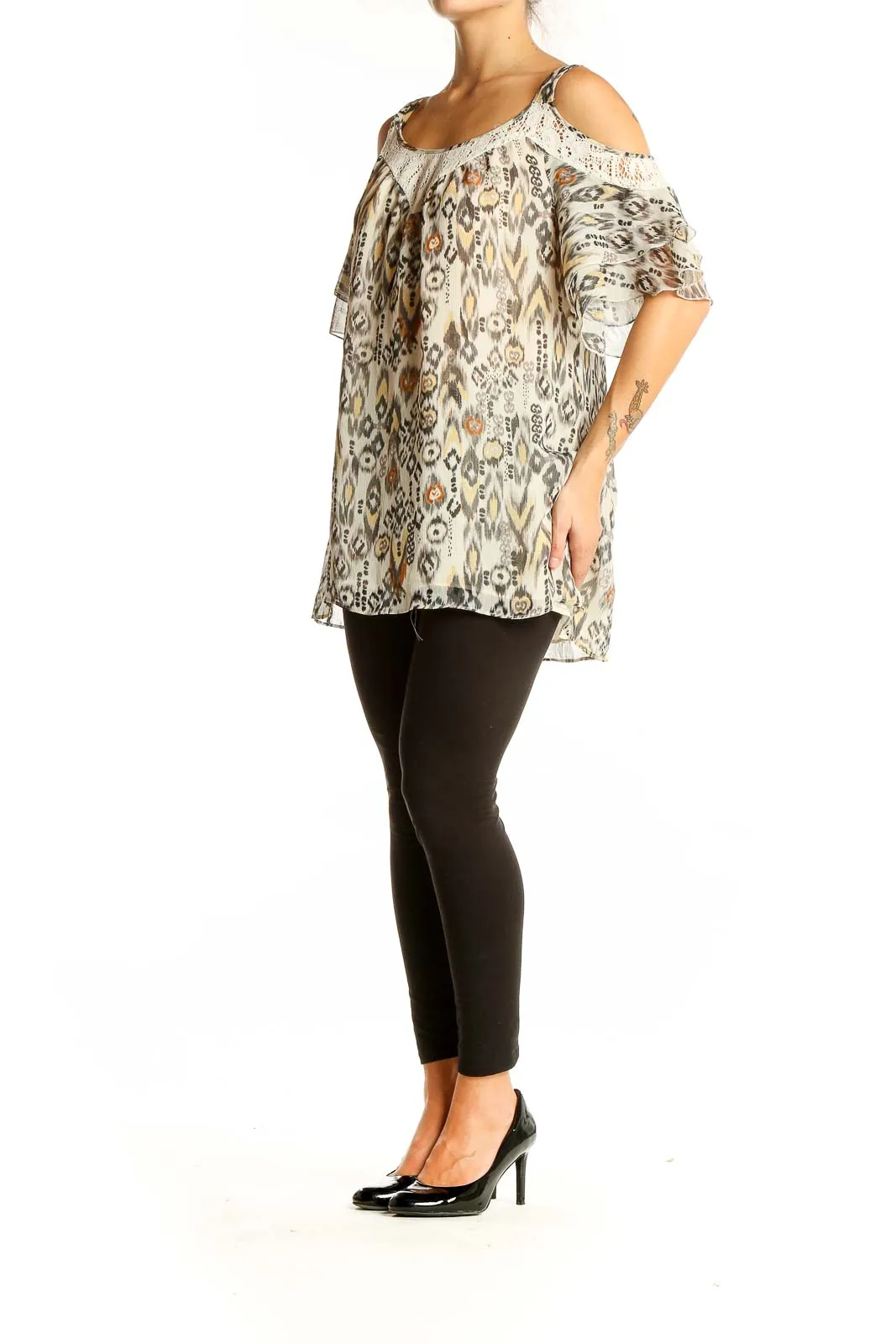 Beige Ikat Print Cold Shoulder Blouse