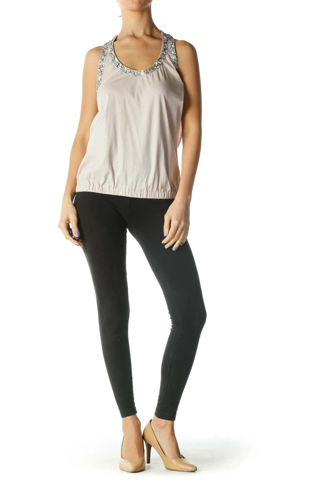 Beige Jewel Neckline Racerback Tank Top