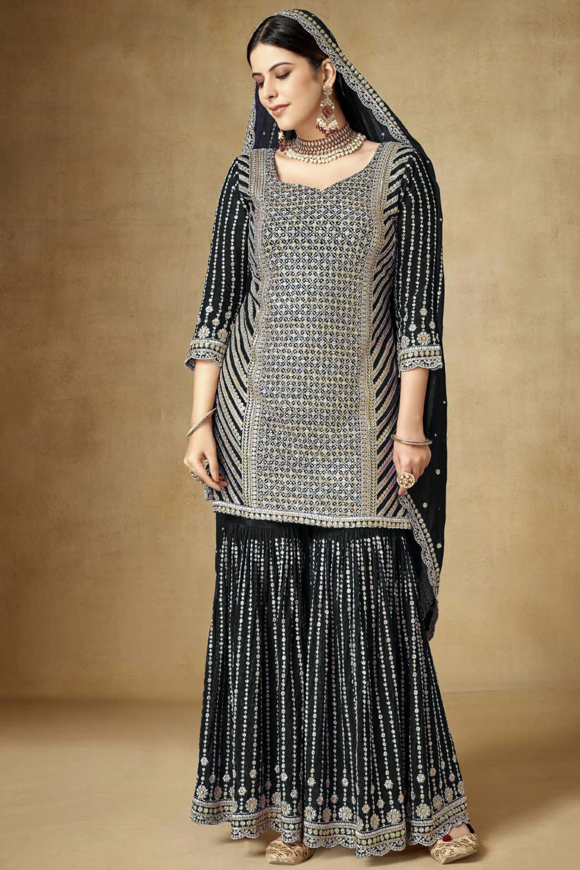 Black Color Chinon Fabric Gorgeous Embroidered Palazzo Suit