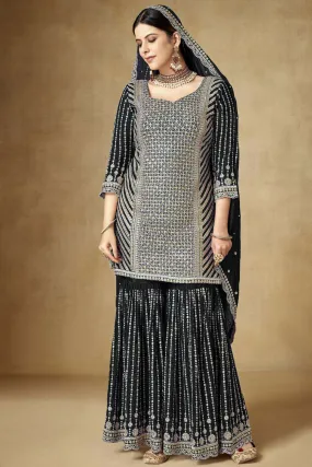 Black Color Chinon Fabric Gorgeous Embroidered Palazzo Suit