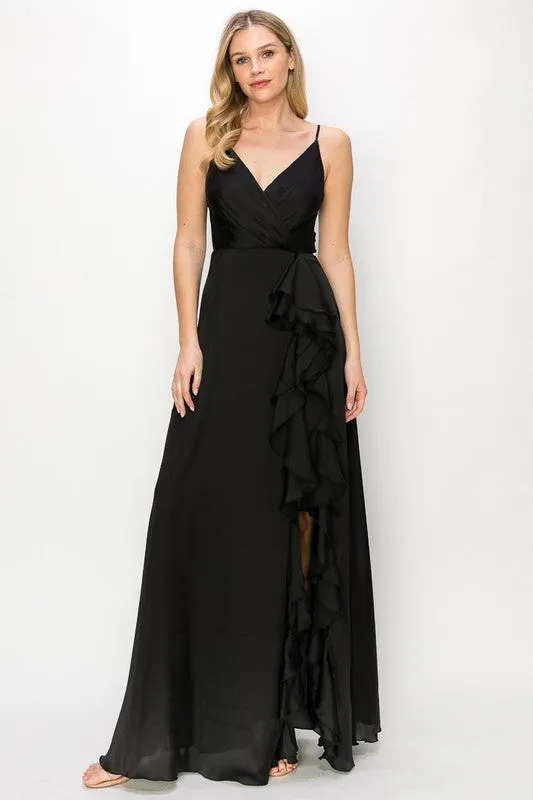 Black Satin V Neck Cascading Ruffle Maxi Dress