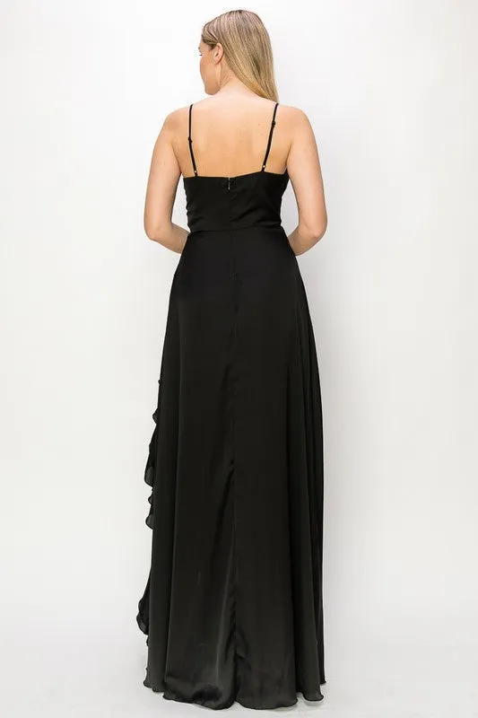 Black Satin V Neck Cascading Ruffle Maxi Dress