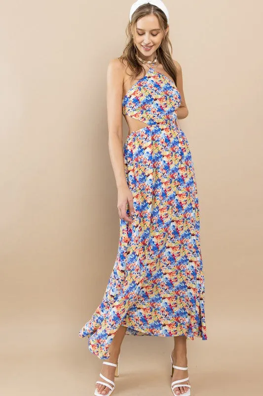 Blue Flower Floral Halter Neck Maxi Dress