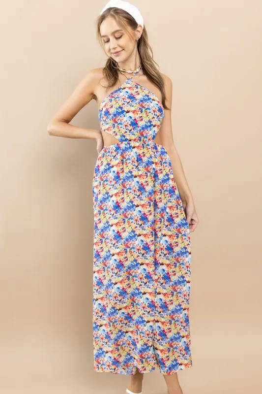 Blue Flower Floral Halter Neck Maxi Dress