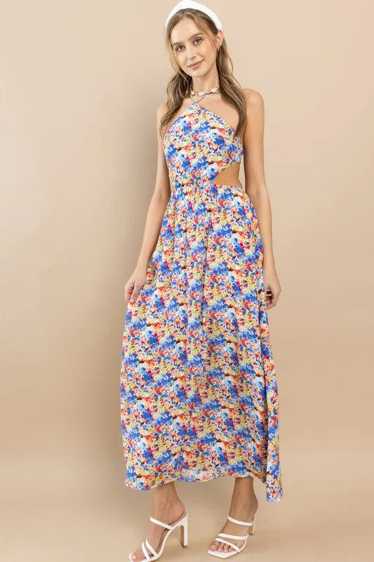 Blue Flower Floral Halter Neck Maxi Dress