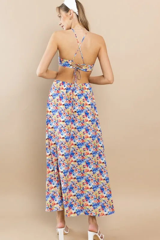 Blue Flower Floral Halter Neck Maxi Dress