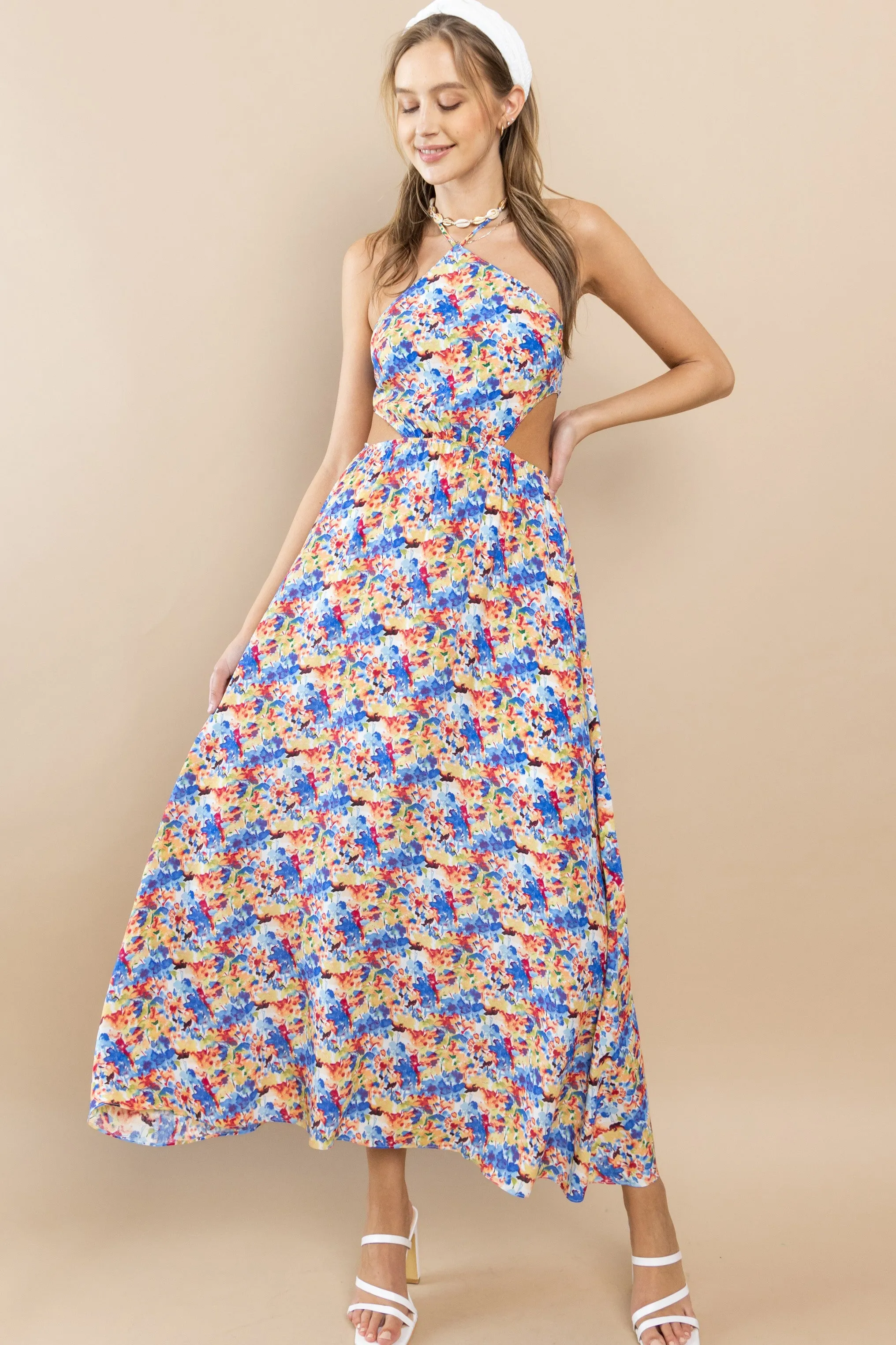 Blue Flower Floral Halter Neck Maxi Dress