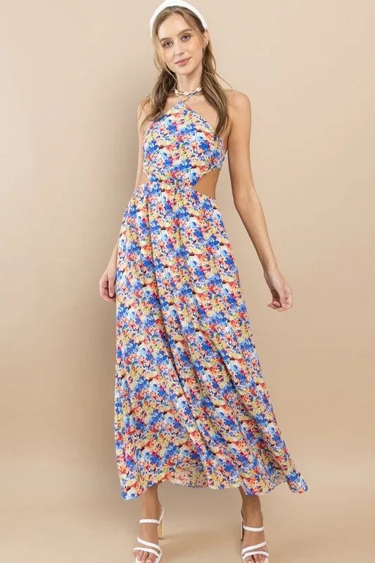 Blue Flower Floral Halter Neck Maxi Dress