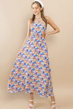 Blue Flower Floral Halter Neck Maxi Dress