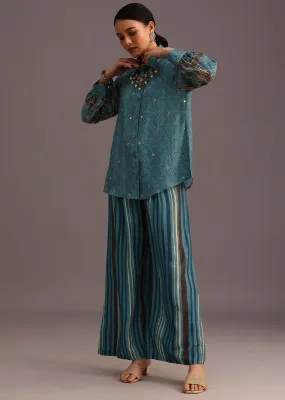 Blue Printed Shirt Palazzo Set With Embroidery