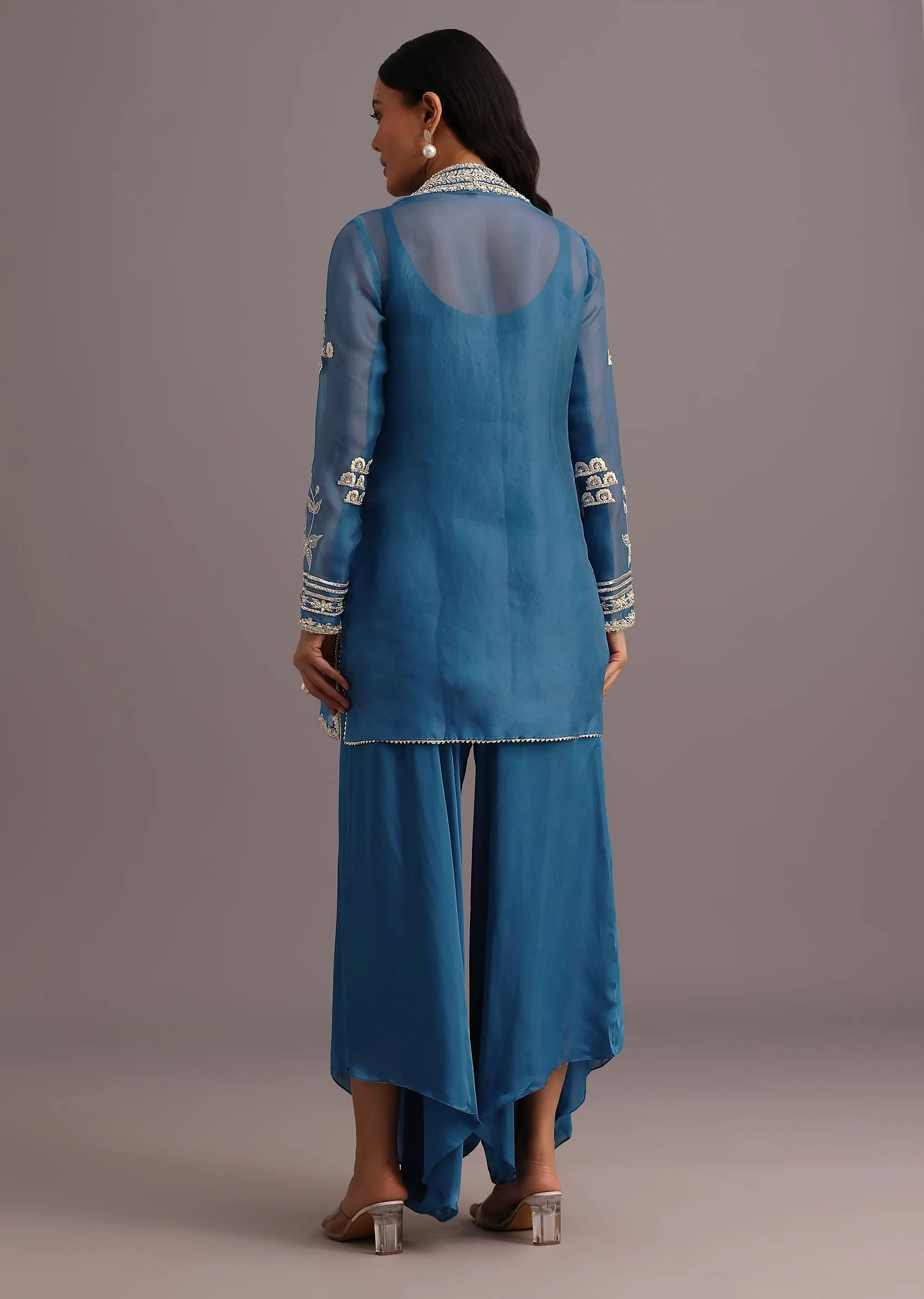 Blue Resham Work Kurti Palazzo Suit