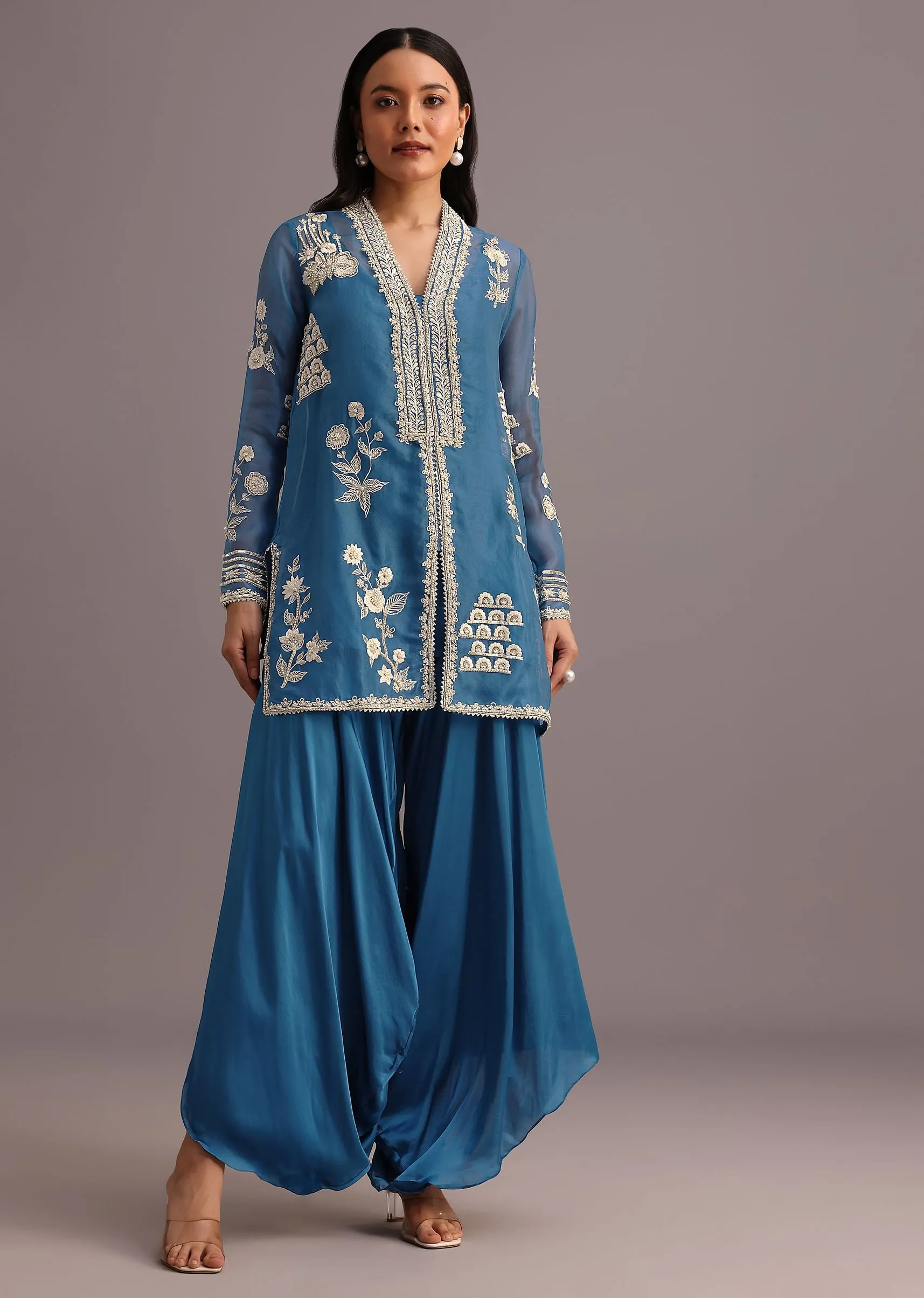 Blue Resham Work Kurti Palazzo Suit