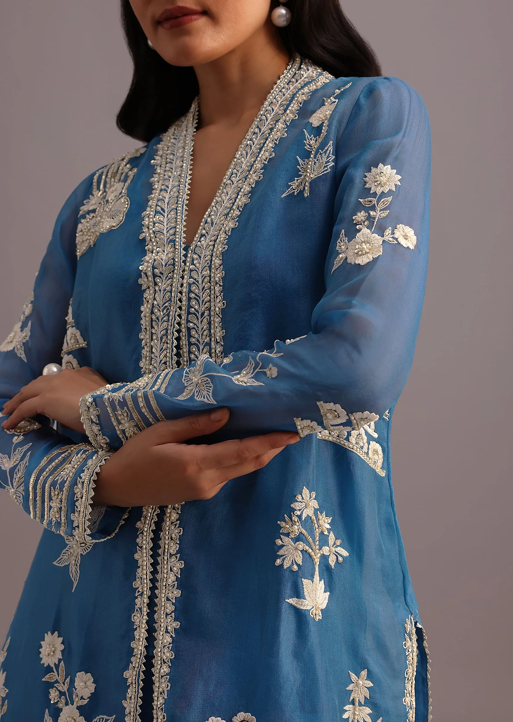 Blue Resham Work Kurti Palazzo Suit