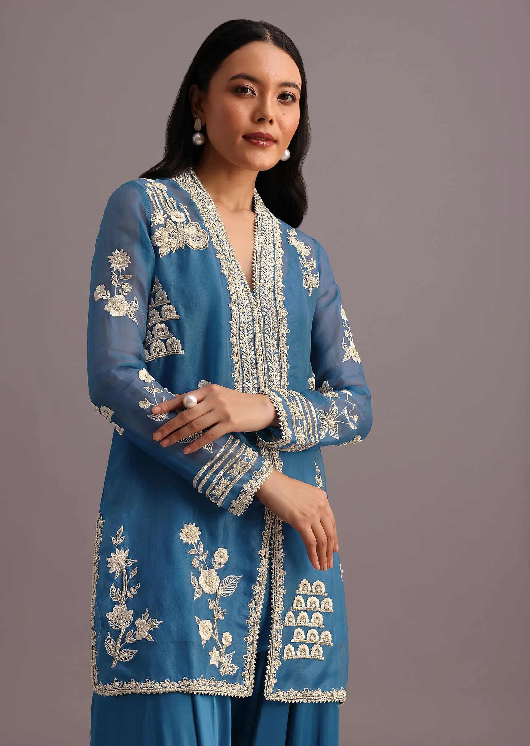 Blue Resham Work Kurti Palazzo Suit