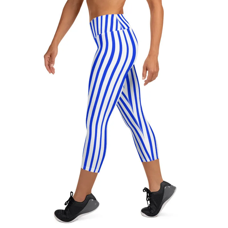 Blue Striped Capri Leggings, White Vertical Stripe Women's Yoga Capris Pants- Made in USA/ EU