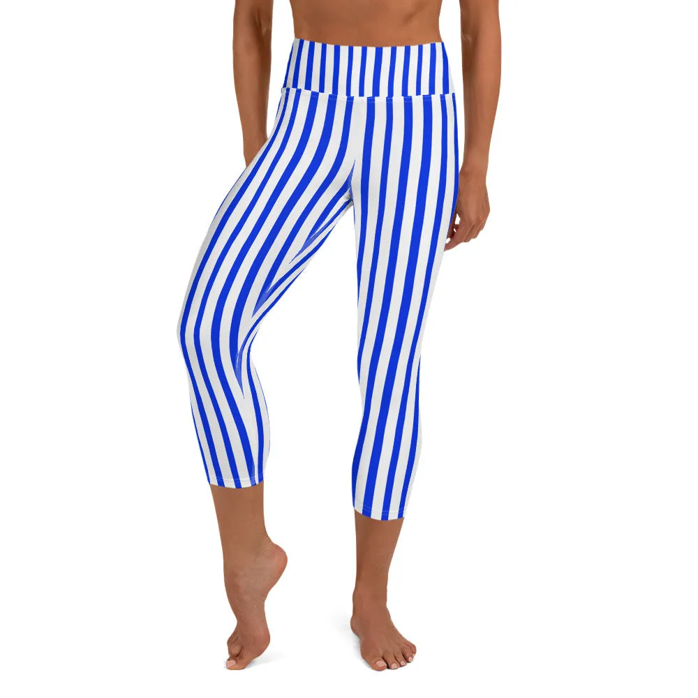 Blue Striped Capri Leggings, White Vertical Stripe Women's Yoga Capris Pants- Made in USA/ EU
