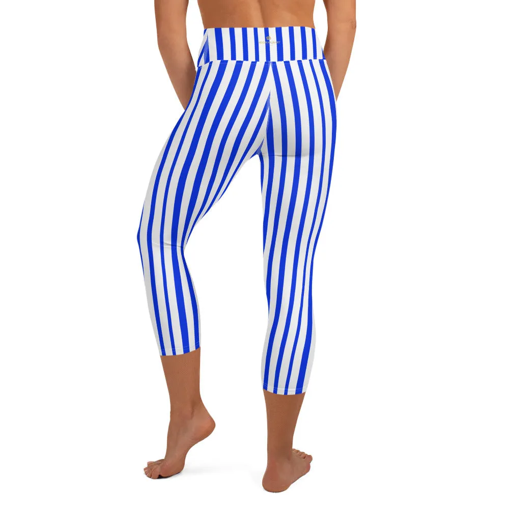 Blue Striped Capri Leggings, White Vertical Stripe Women's Yoga Capris Pants- Made in USA/ EU