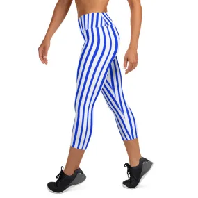 Blue Striped Capri Leggings, White Vertical Stripe Women's Yoga Capris Pants- Made in USA/ EU