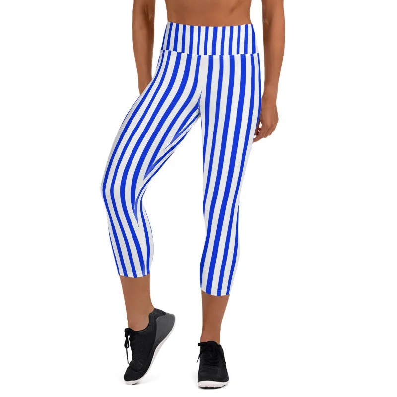 Blue Striped Capri Leggings, White Vertical Stripe Women's Yoga Capris Pants- Made in USA/ EU