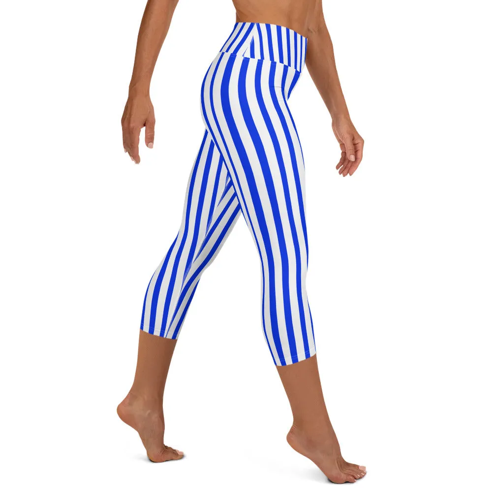 Blue Striped Capri Leggings, White Vertical Stripe Women's Yoga Capris Pants- Made in USA/ EU
