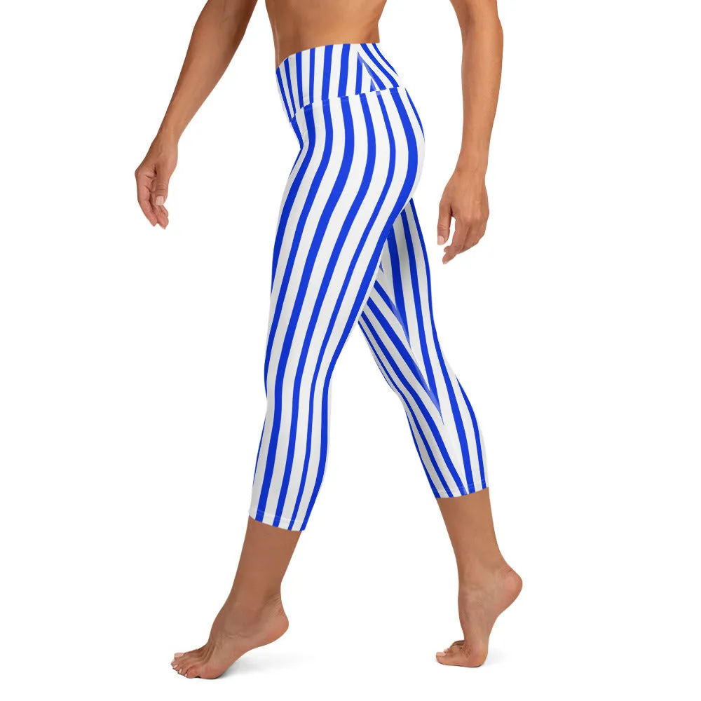 Blue Striped Capri Leggings, White Vertical Stripe Women's Yoga Capris Pants- Made in USA/ EU