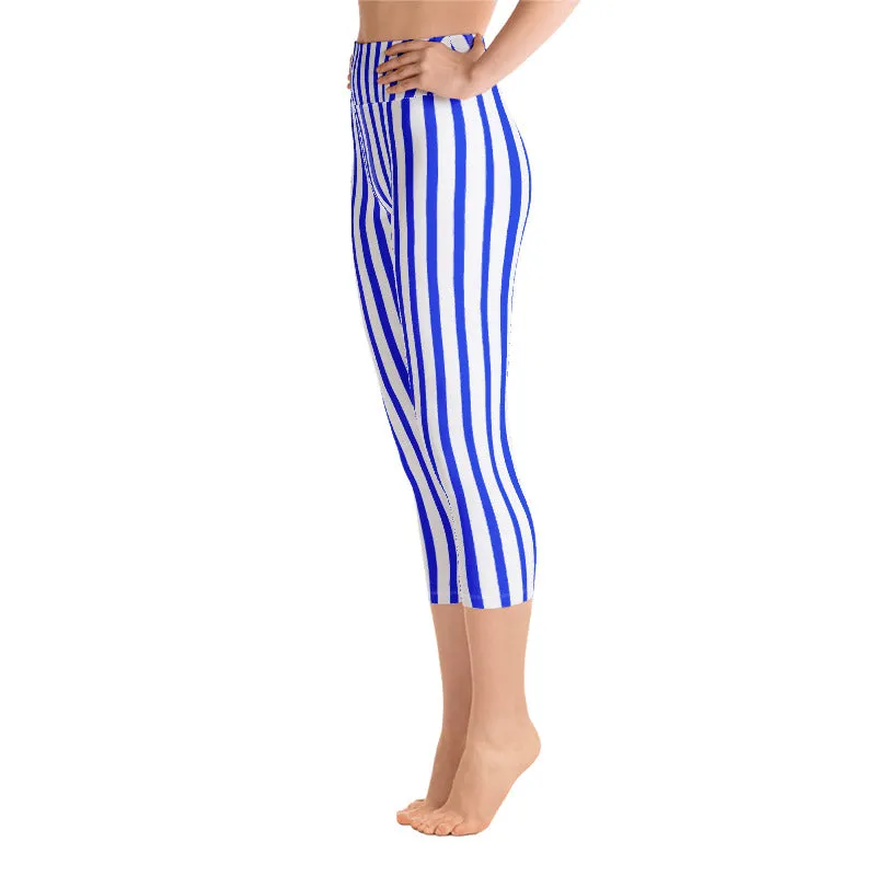 Blue Striped Capri Leggings, White Vertical Stripe Women's Yoga Capris Pants- Made in USA/ EU
