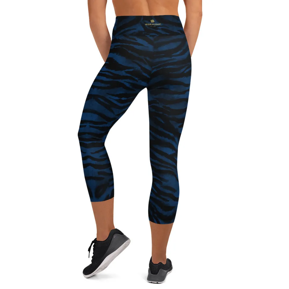 Blue Tiger Striped Capri Leggings, Animal Print Women's Yoga Capri Tights-Made in USA/EU