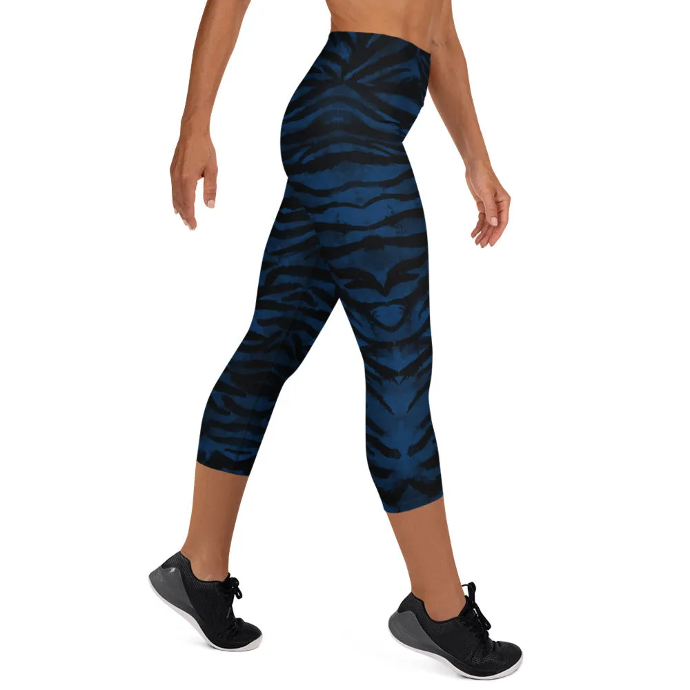 Blue Tiger Striped Capri Leggings, Animal Print Women's Yoga Capri Tights-Made in USA/EU
