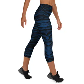 Blue Tiger Striped Capri Leggings, Animal Print Women's Yoga Capri Tights-Made in USA/EU