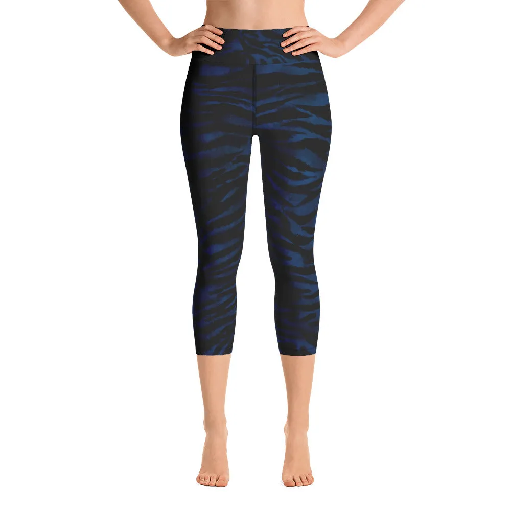 Blue Tiger Striped Capri Leggings, Animal Print Women's Yoga Capri Tights-Made in USA/EU