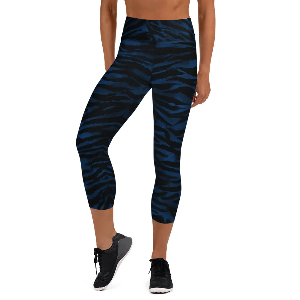 Blue Tiger Striped Capri Leggings, Animal Print Women's Yoga Capri Tights-Made in USA/EU